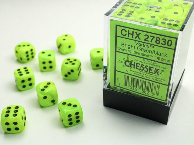 Dice Block: 12 mm, 36 D6 Dice Set - Vortex Bright Green/Black - Gootzy Gaming