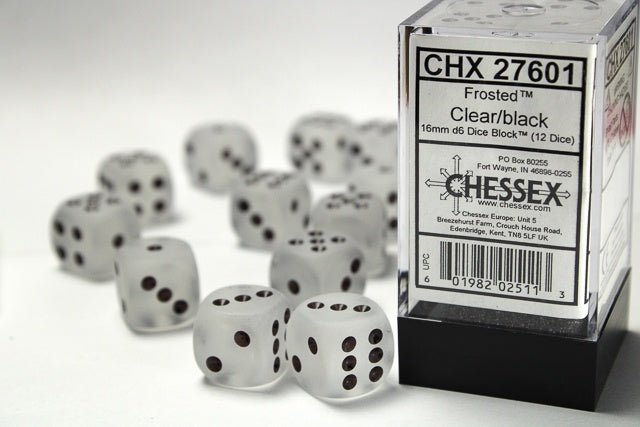 Dice Block: 16 mm, 12 D6 Dice Set- Frosted Clear/Black - Gootzy Gaming