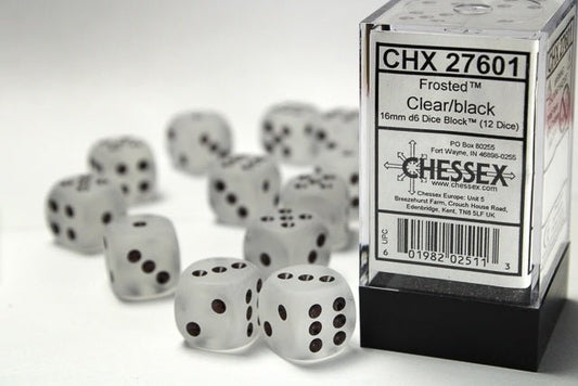 Dice Block: 16 mm, 12 D6 Dice Set- Frosted Clear/Black - Gootzy Gaming