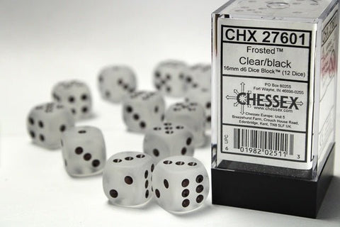 Dice Block: 16 mm, 12 D6 Dice Set- Frosted Clear/Black - Gootzy Gaming