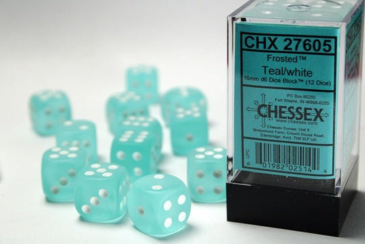 Dice Block: 16 mm, 12 D6 Dice Set- Frosted Teal/White - Gootzy Gaming