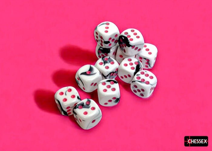 Dice Block: 16 mm, 12 D6 Dice Set - Gemini (Black - White/Pink) - Gootzy Gaming