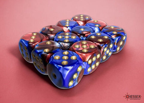 Dice Block: 16 mm, 12 D6 Dice Set- Gemini Blue-Red/Gold - Gootzy Gaming
