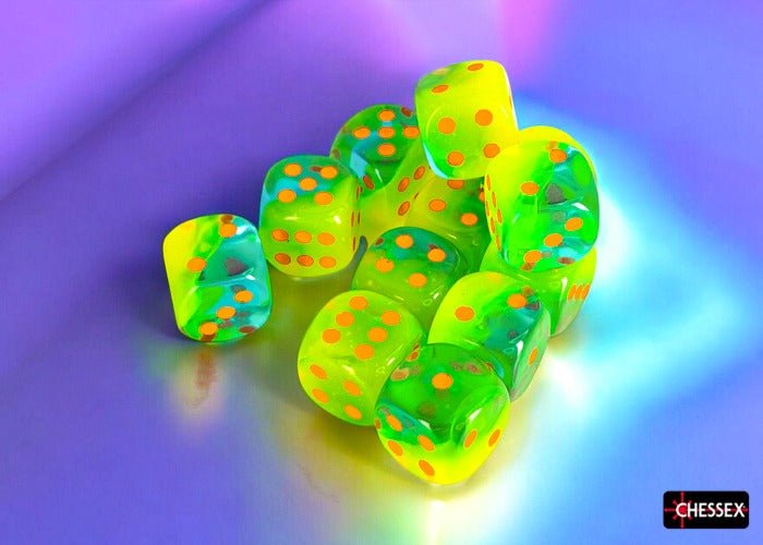 Dice Block: 16 mm, 12 D6 Dice Set - Gemini (Plasma Green - Teal/Orange) - Gootzy Gaming