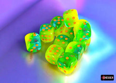 Dice Block: 16 mm, 12 D6 Dice Set - Gemini (Plasma Green - Teal/Orange) - Gootzy Gaming