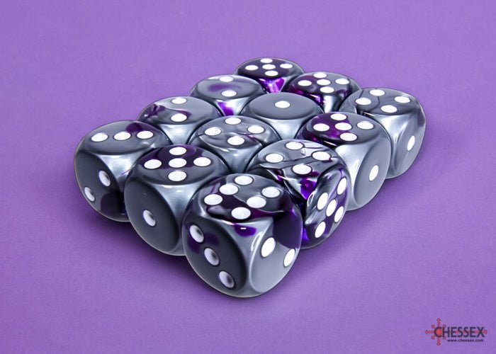 Dice Block: 16 mm, 12 D6 Dice Set- Gemini Purple-Steel/White - Gootzy Gaming