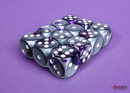 Dice Block: 16 mm, 12 D6 Dice Set- Gemini Purple-Steel/White - Gootzy Gaming