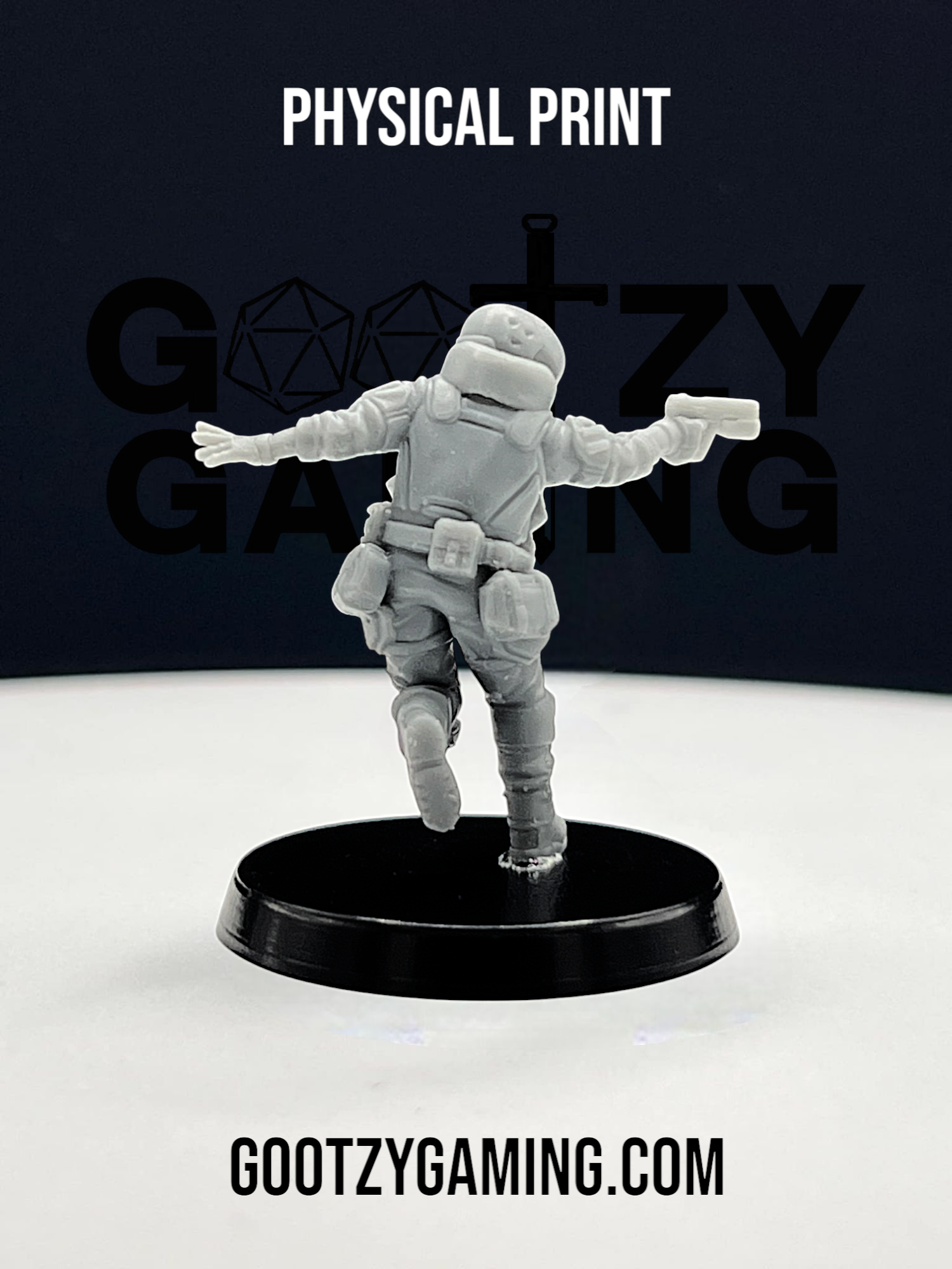a toy figurine is posed on a black base