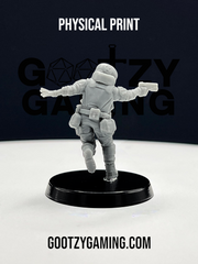 a toy figurine is posed on a black base