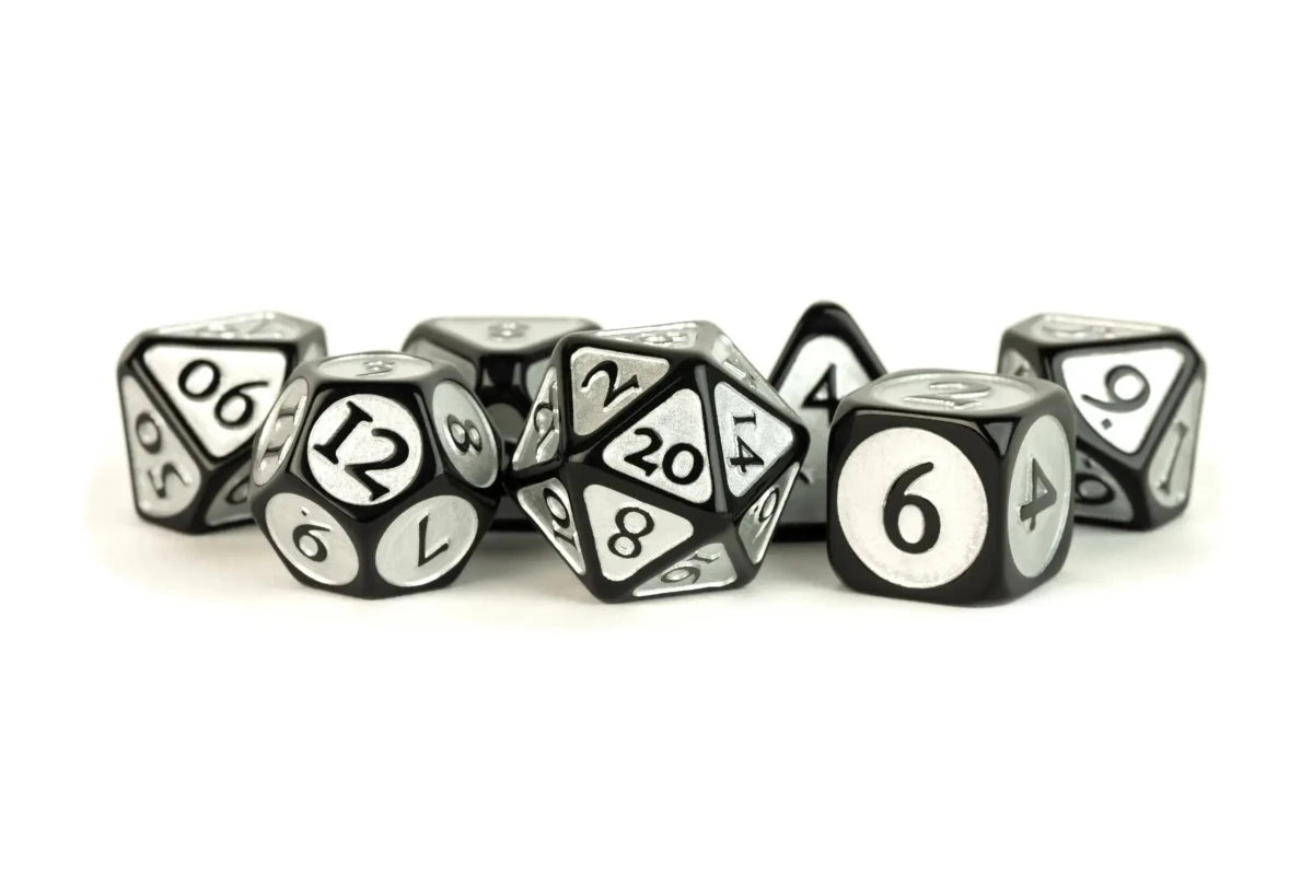 Enamel Acrylic Dice - 16mm 7 Dice Set - Black with Silver Enamel - Gootzy Gaming