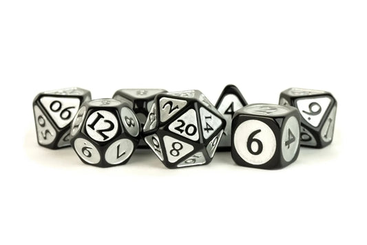 Enamel Acrylic Dice - 16mm 7 Dice Set - Black with Silver Enamel - Gootzy Gaming