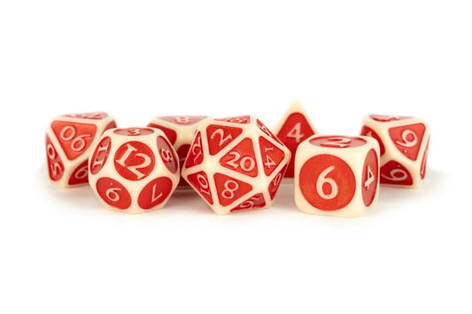Enamel Acrylic Dice - 16mm 7 Dice Set - Ivory with Red Enamel - Gootzy Gaming