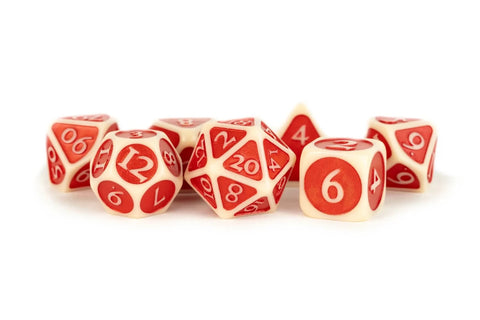 Enamel Acrylic Dice - 16mm 7 Dice Set - Ivory with Red Enamel - Gootzy Gaming