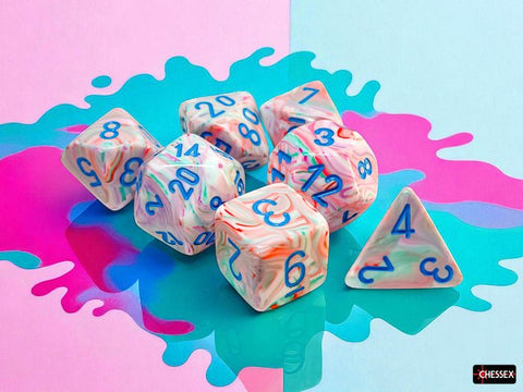Festive Pop Art/Blue - Black Light Reactive Mega - hedral 7 Die Set - D&D Dice - Gootzy Gaming