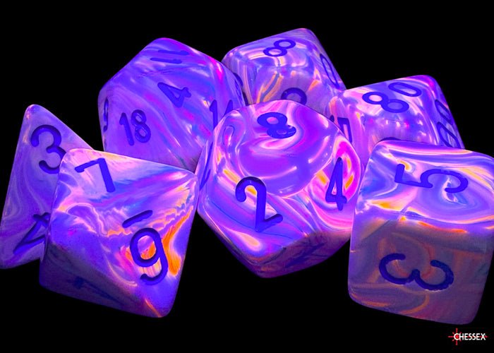 Festive Pop Art/Blue - Black Light Reactive Mega - hedral 7 Die Set - D&D Dice - Gootzy Gaming
