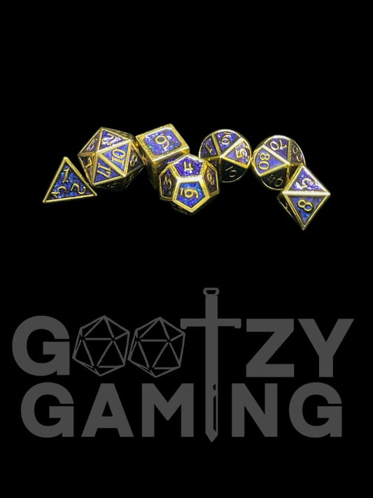 Gold and Blue Shimmer - Metal 7 Dice Set - D&D Dice - Gootzy Gaming