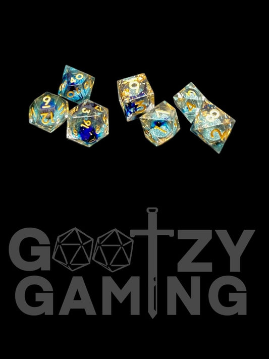 Gold Blue Ink - Liquid Core 7 Dice Set - D&D Dice - Gootzy Gaming