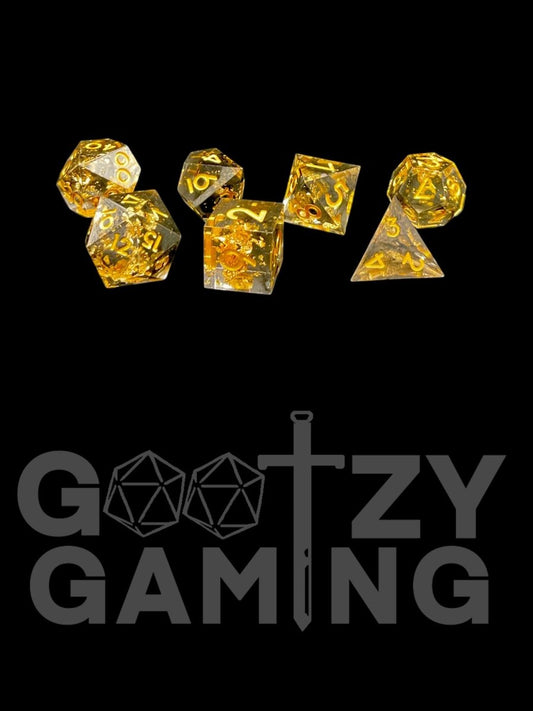Golden Greed - Hand Crafted Resin Standard 7 Dice Set - D&D Dice - Gootzy Gaming
