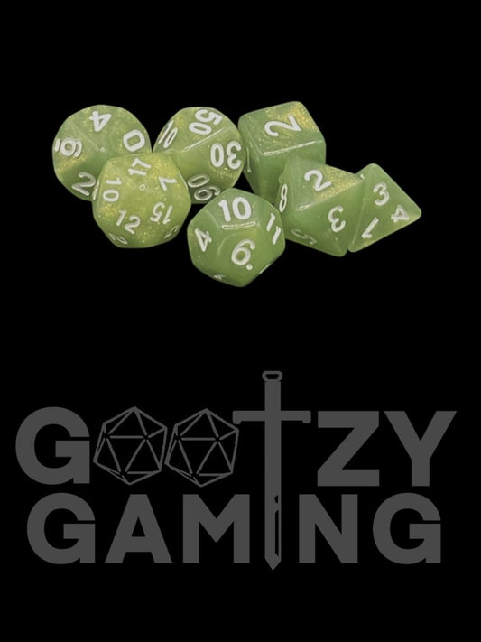 Green Sparkle - Plastic Standard 7 Dice Set - D&D Dice - Gootzy Gaming