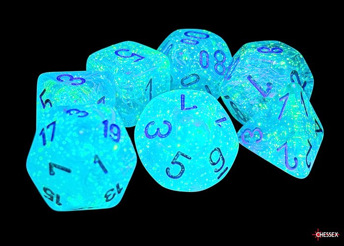 Luminary Sky/Silver - Luminary Mega - hedral 7 Die Set - D&D Dice - Gootzy Gaming