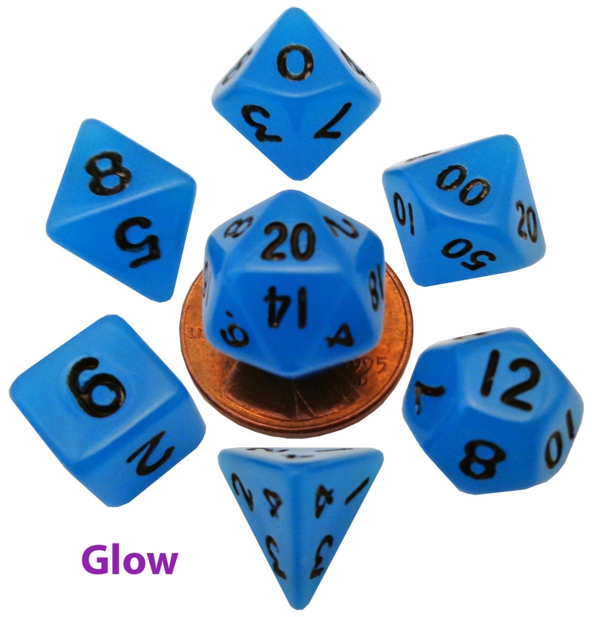Mini Acrylic Dice - 10 mm 7 Dice Set - Glow Blue with Black Numbers - Gootzy Gaming