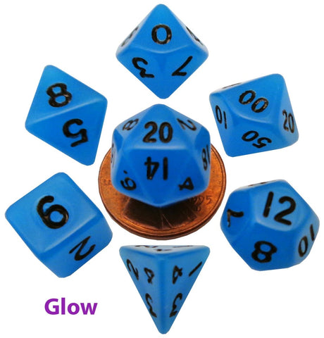Mini Acrylic Dice - 10 mm 7 Dice Set - Glow Blue with Black Numbers - Gootzy Gaming