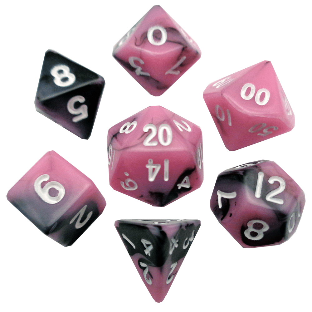 Mini Acrylic Dice - 10 mm 7 Dice Set - Pink and Black with White Numbers - Gootzy Gaming