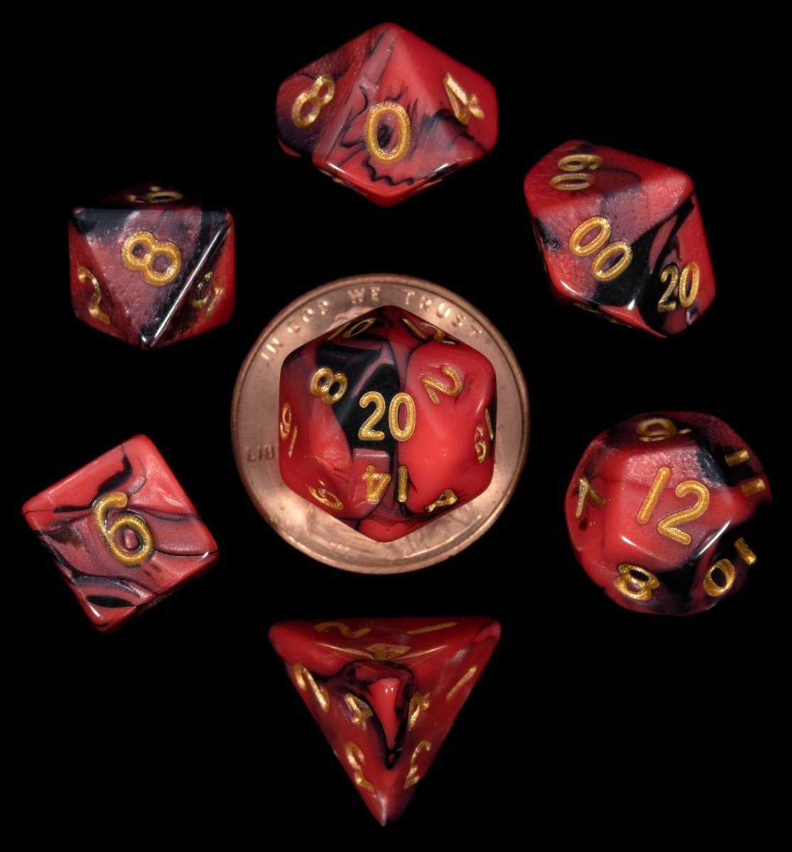 Mini Acrylic Dice - 10 mm 7 Dice Set - Red and Black with Gold Numbers - Gootzy Gaming