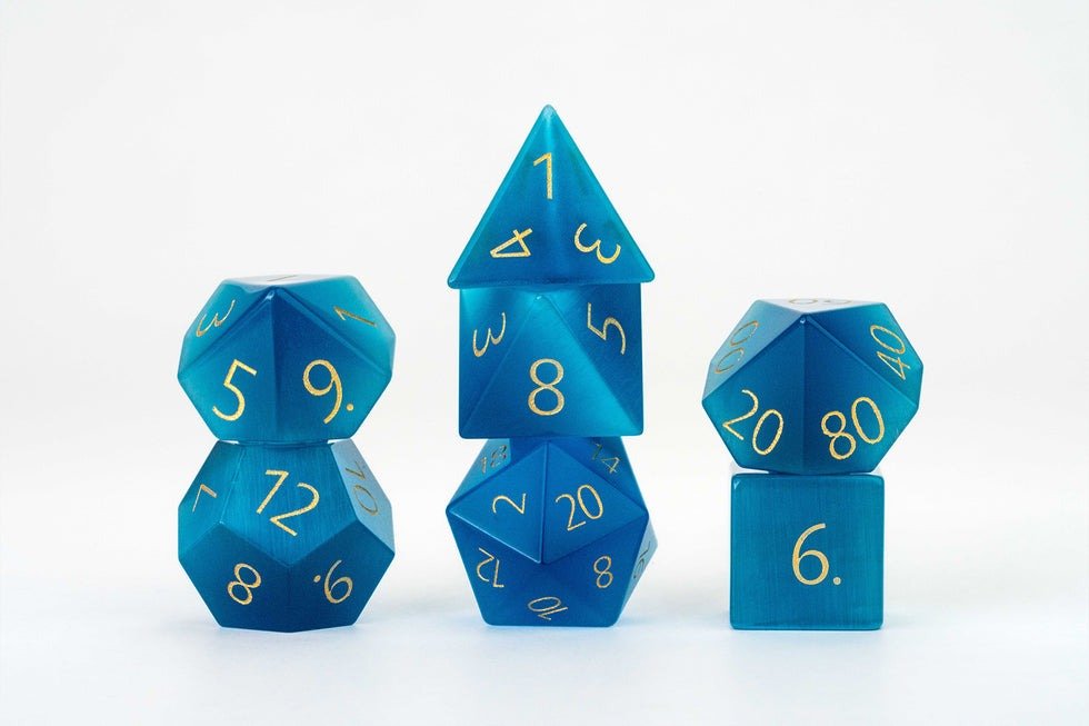 Mystic Mines Stone 16 mm Dice Set: Engraved Cat's Eye Aquamarine - Gootzy Gaming