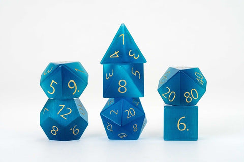 Mystic Mines Stone 16 mm Dice Set: Engraved Cat's Eye Aquamarine - Gootzy Gaming