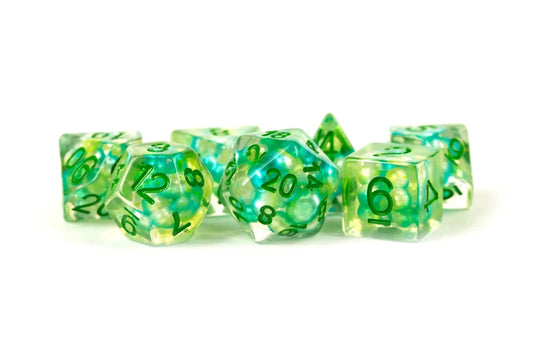 Pearl Infused Resin Dice - 16mm 7 Dice Set - Sea Foam with Green Numbers - Gootzy Gaming