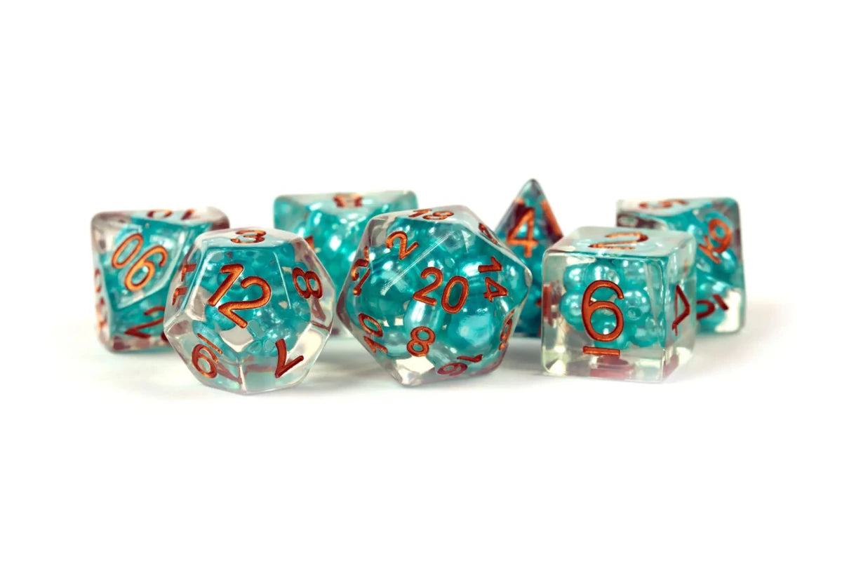 Pearl Infused Resin Dice - 16mm 7 Dice Set - Teal with Copper Numbers - Gootzy Gaming