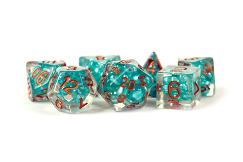 Pearl Infused Resin Dice - 16mm 7 Dice Set - Teal with Copper Numbers - Gootzy Gaming