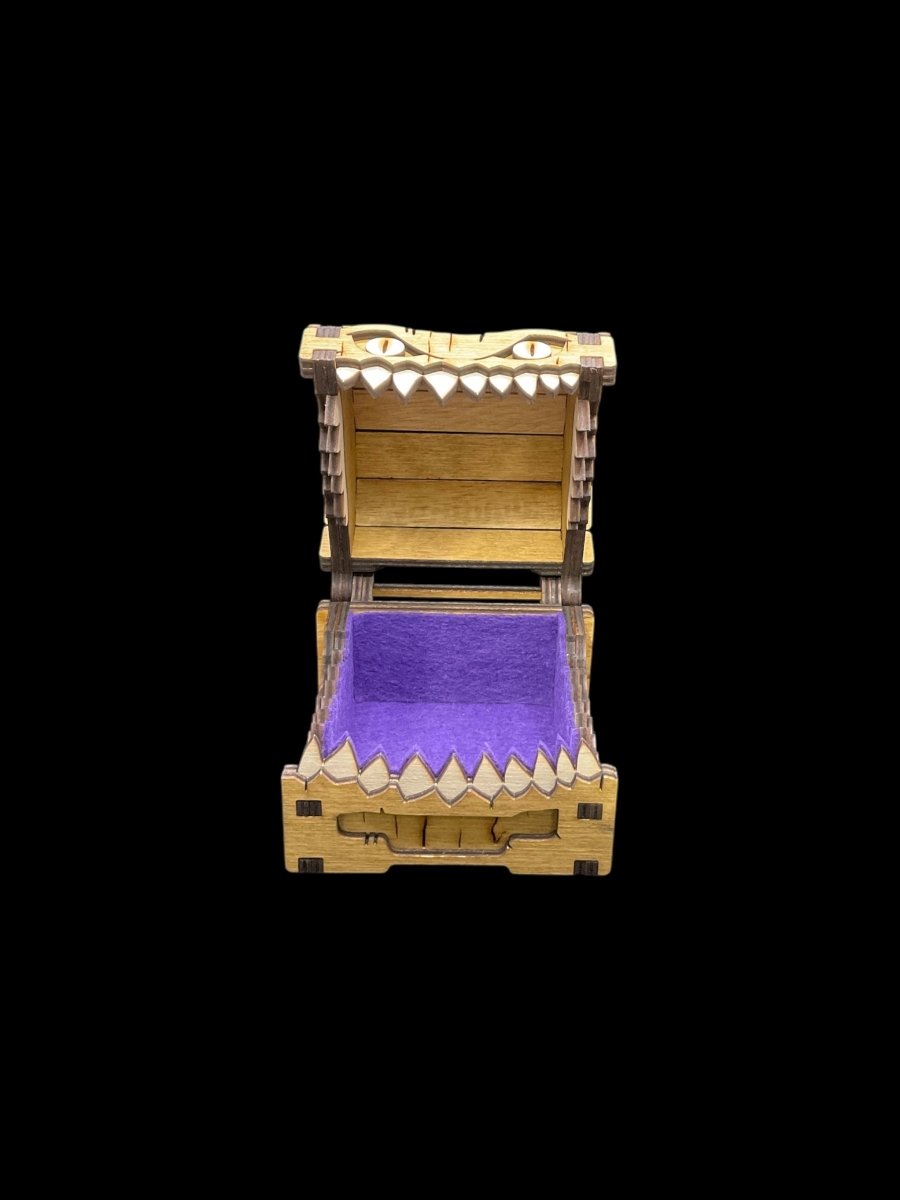 Premium Mimic Chest Oak (Tan) Stain - Wooden Dice Box with Felt - Gootzy Gaming