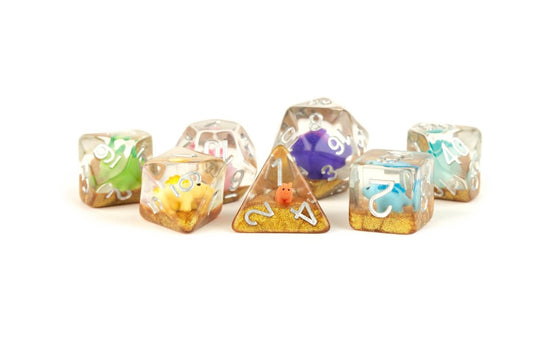 Rainbow Dinosaur - Inclusion Resin Standard 7 Dice Set - D&D Dice - Gootzy Gaming