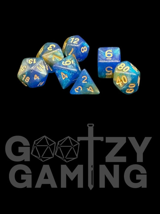 Super Sparkle Blue Gold - Plastic Standard 7 Dice Set - D&D Dice - Gootzy Gaming