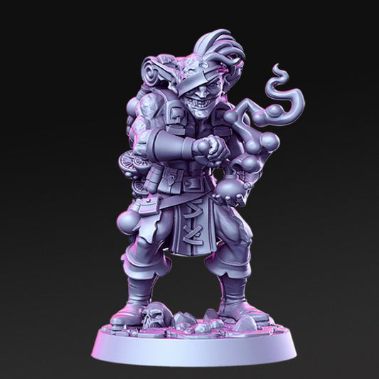 Baz'NaZ, Crazy Goblin Alchemist - Single Roleplaying Miniature for D&D or Pathfinder - 32mm Scale Resin 3D Print - RN EStudios - Gootzy Gaming