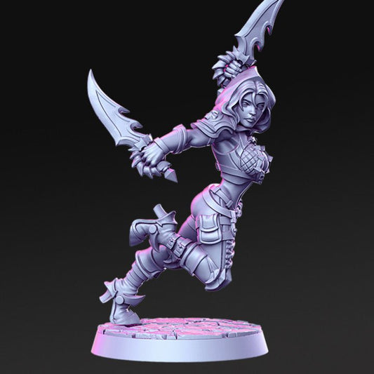 Brakha, Female Thief with Daggers - Single Roleplaying Miniature for D&D or Pathfinder - 32mm Scale Resin 3D Print - RN EStudios - Gootzy Gaming