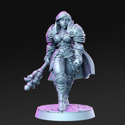 Caliope, Female Heavy Armored Cleric - Single Roleplaying Miniature for D&D or Pathfinder - 32mm Scale Resin 3D Print - RN EStudios - Gootzy Gaming