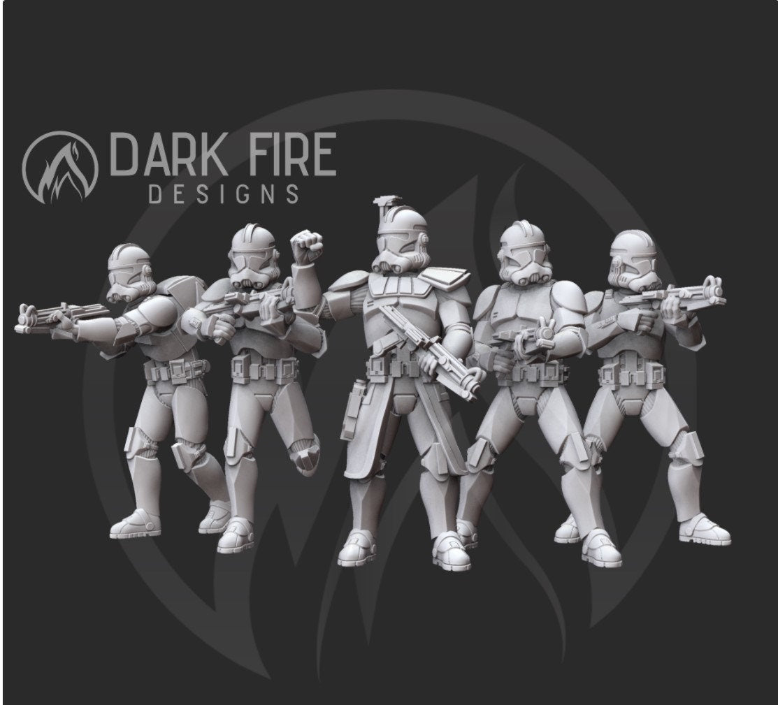 Clone Regulars Squad V2 - 5 miniature bundle - SW Legion Compatible (38-40mm tall) Multi-Piece Resin 3D Print - Dark Fire Designs - Gootzy Gaming