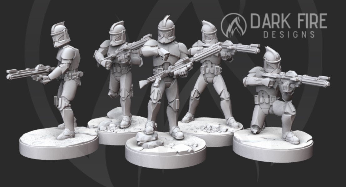Clone Trooper DC Rifle Squad - 5 Mini Bundle - SW Legion Compatible (38 - 40mm tall) Multi - Piece Resin 3D Print - Dark Fire Designs - Gootzy Gaming