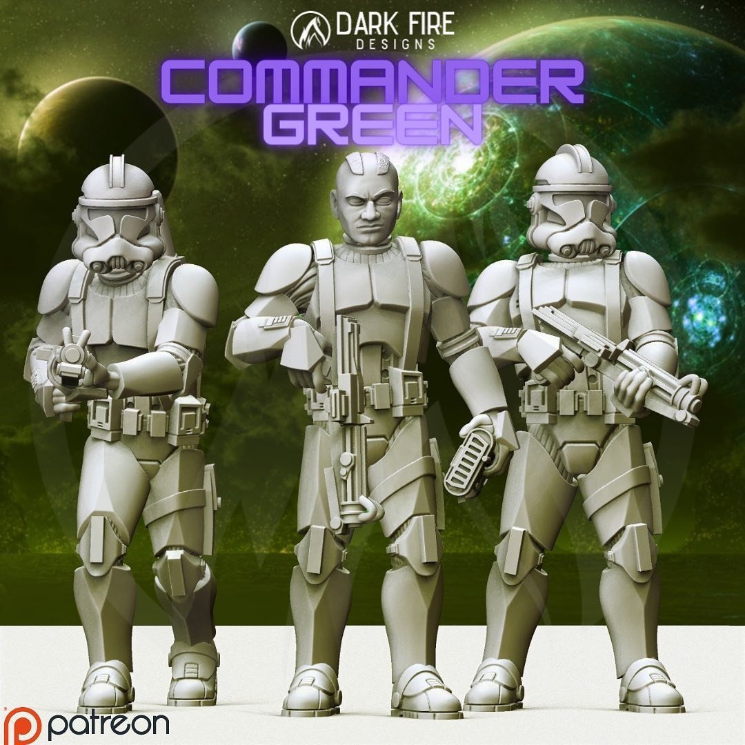 Commander Green Clone Trooper Miniature - SW Legion Compatible (38-40mm tall) Multi-Piece Resin 3D Print - Dark Fire Designs - Gootzy Gaming