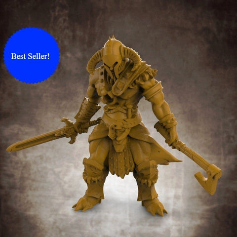 Dragon Helmeted Barbarian Fighter - Roleplaying Mini for D&D or Pathfinder - 32mm Scale High Quality 8k Resin 3D Print - Lion Tower Miniature - Gootzy Gaming