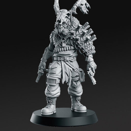Druidic Masked Gunslinger - Single Roleplaying Miniature for D&D or Pathfinder - 32mm Scale Resin 3D Print - RN EStudios - Gootzy Gaming