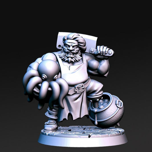 Dwarf Pirate Master Chef with Octopus and Pot - Single Roleplaying Miniature for D&D or Pathfinder - 32mm Scale Resin 3D Print - RN EStudios - Gootzy Gaming