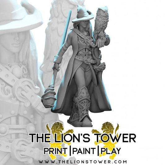 Female Battle Mage Wizard with Staff and Owl Companion- Roleplaying Mini for D&D - 32mm Scale High Quality 8k Resin 3D Print - Lion Tower Miniatures - Gootzy Gaming
