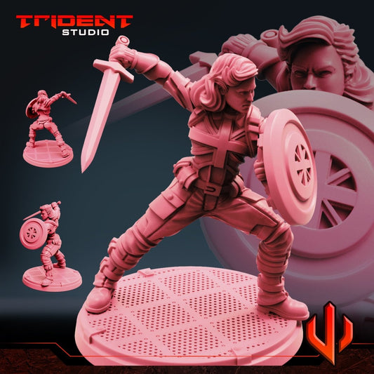 Female Cap Superhero (Version B) Resin Miniature - MCP/Crisis Protocol Compatible (40mm tall) Resin 3D Print - Trident Studios - Gootzy Gaming