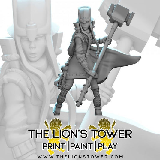 Female Human Cleric with Warhammer - Roleplaying Mini for D&D or Pathfinder - 32mm Scale High Quality 8k Resin 3D Print - Lion Tower Miniatures - Gootzy Gaming