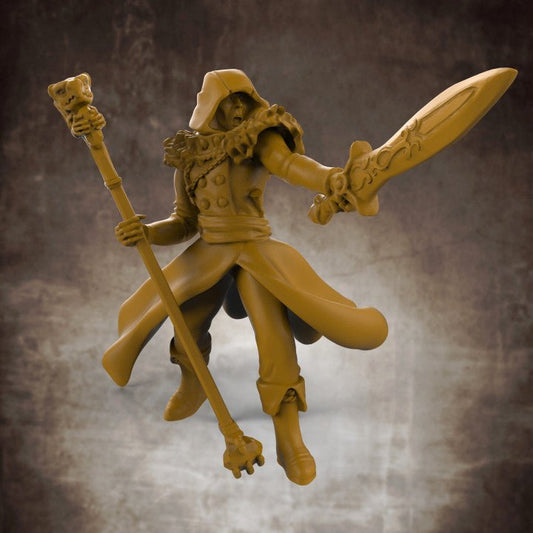 Hooded Elven Wizard with Dragon Staff and Sword - Roleplaying Mini for D&D or Pathfinder - 32mm Scale High Quality 8k Resin 3D Print - Lion Tower Miniatures - Gootzy Gaming