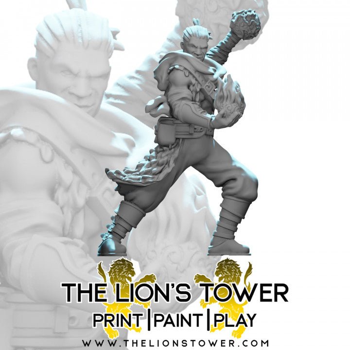 Human Male Fire Sorcerer Mage - Roleplaying Mini for D&D or Pathfinder - 32mm Scale High Quality 8k Resin 3D Print - Lion Tower Miniatures - Gootzy Gaming